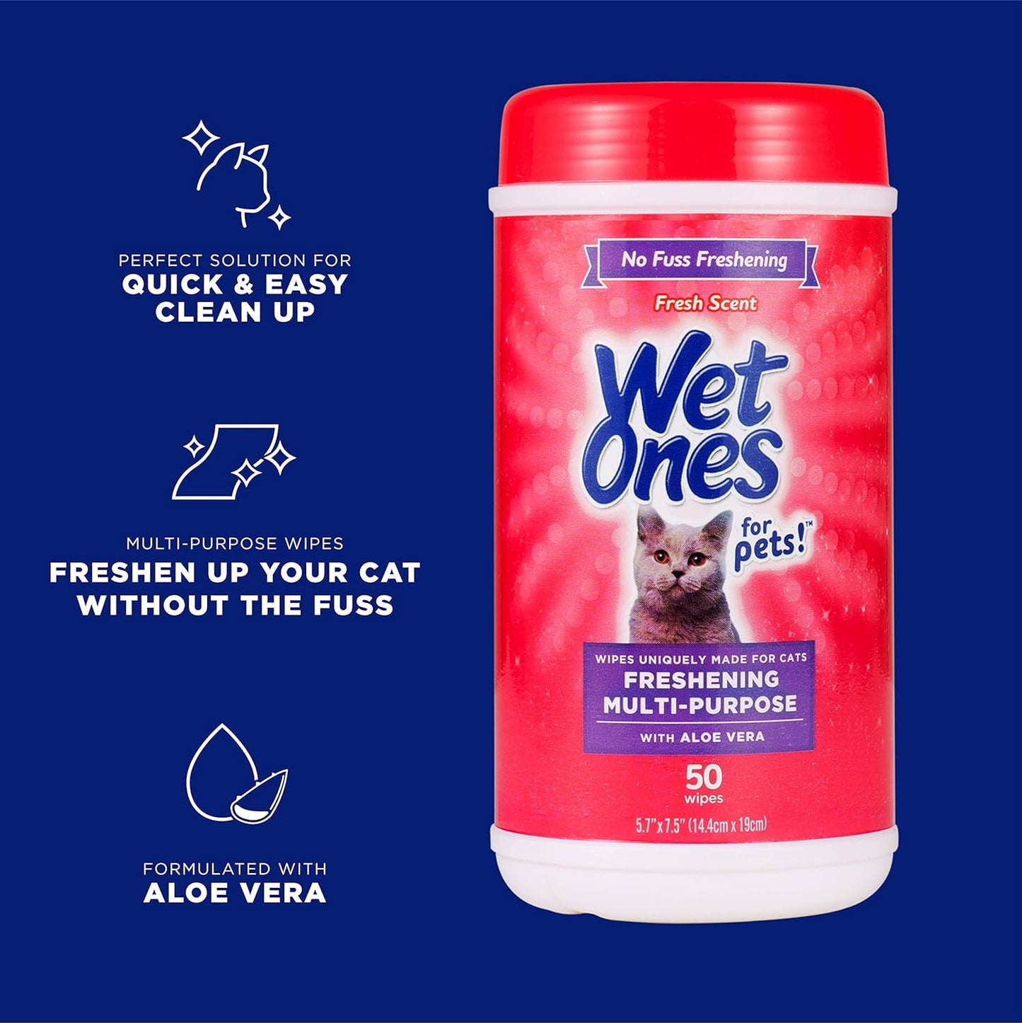 for Pets Freshening Multipurpose Wipes for Cats with Aloe Vera, Fresh Scent - Easy to Use Cat Cleaning Wipes for Pet Grooming in Canister, 50 Count