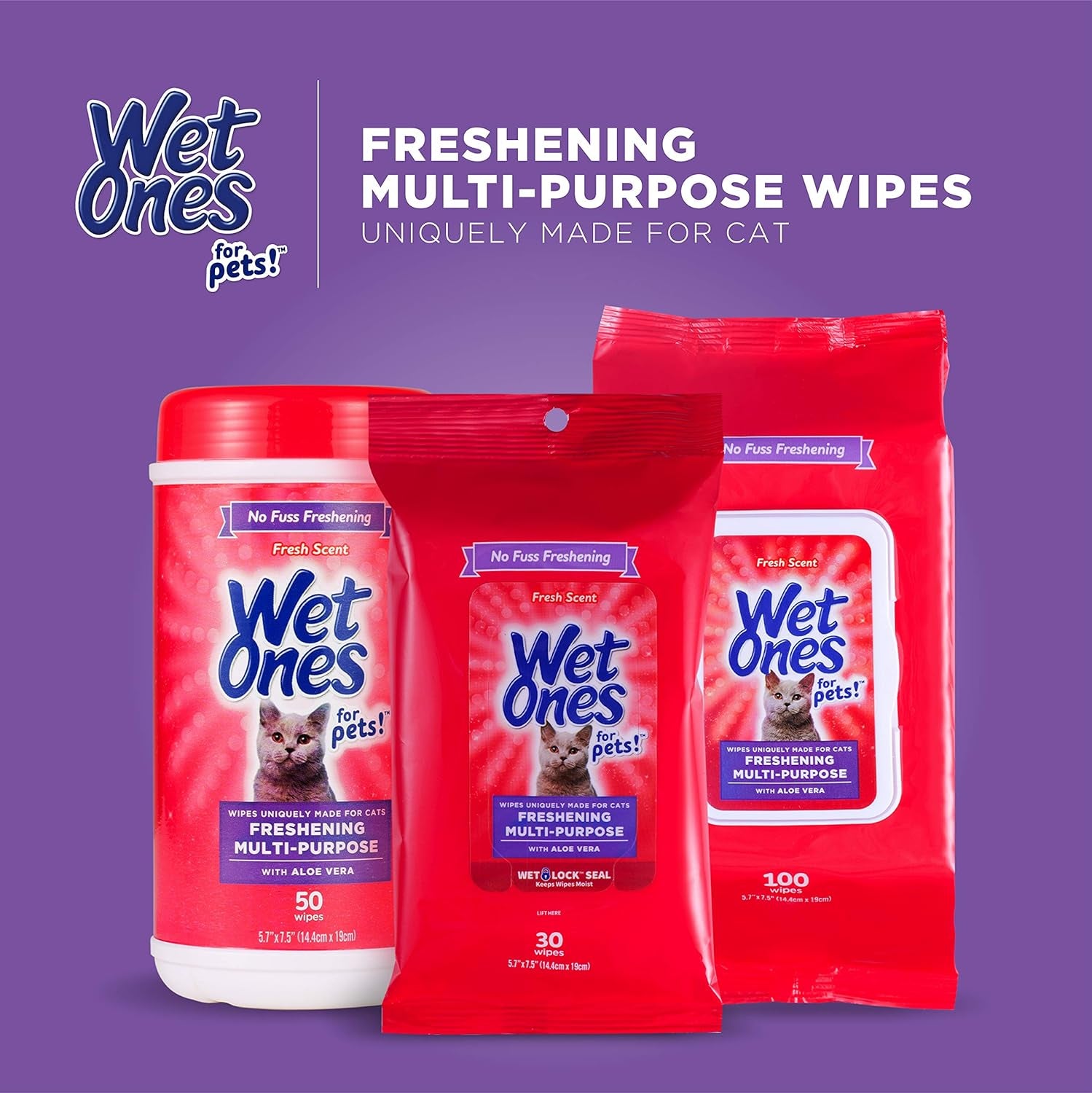 for Pets Freshening Multipurpose Wipes for Cats with Aloe Vera, Fresh Scent - Easy to Use Cat Cleaning Wipes for Pet Grooming in Canister, 50 Count