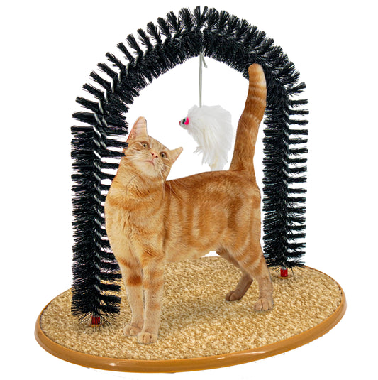 Perfect Cat Self Grooming Arch Toy & Post with Cat Mouse Toy, Bristles, Scratch Pad and Catnip - for Scratching, Brushing, and Massaging - Indoor Cats, Play, & Stress Relief