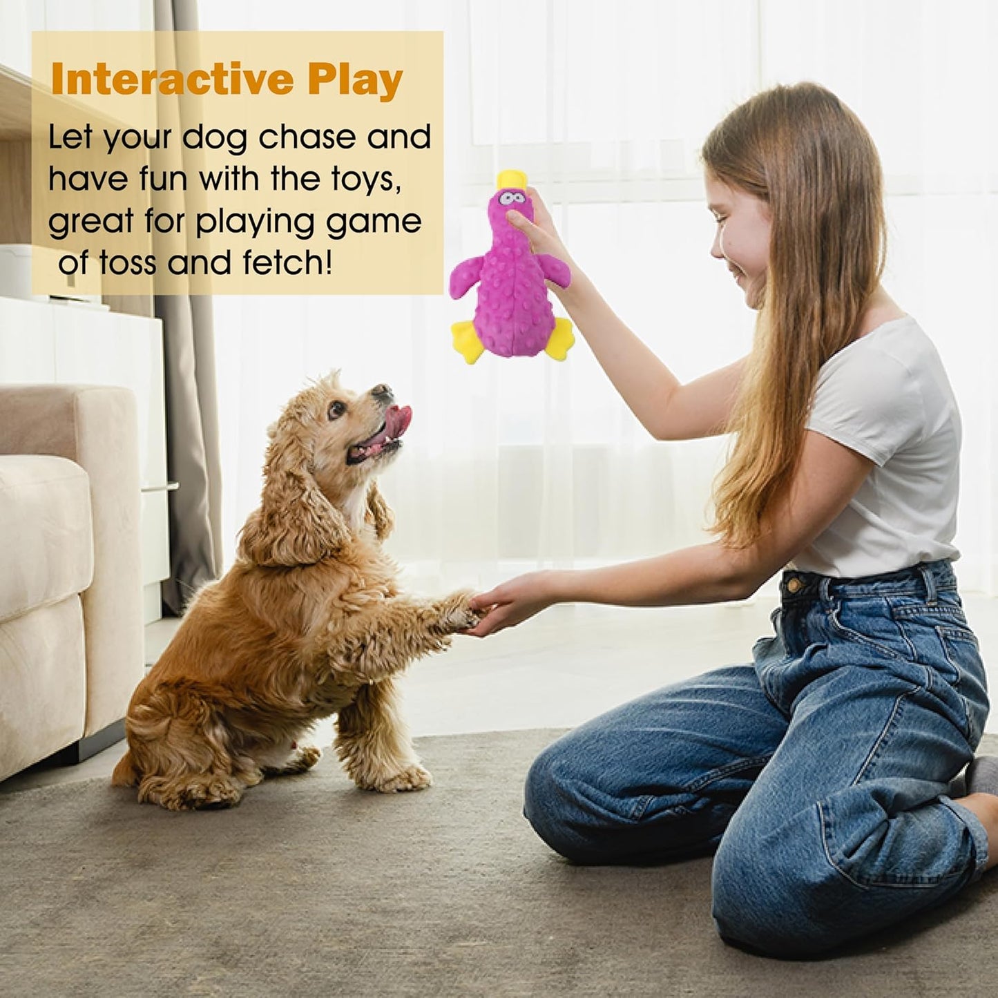 Dog Squeaky Toys, Durable Stuffed Crinkle Plush Dog Chew Toys for Puppy Teething, Interactive Dog Toys for Small, Medium and Large Dogs (Purple+Blue, Duck)