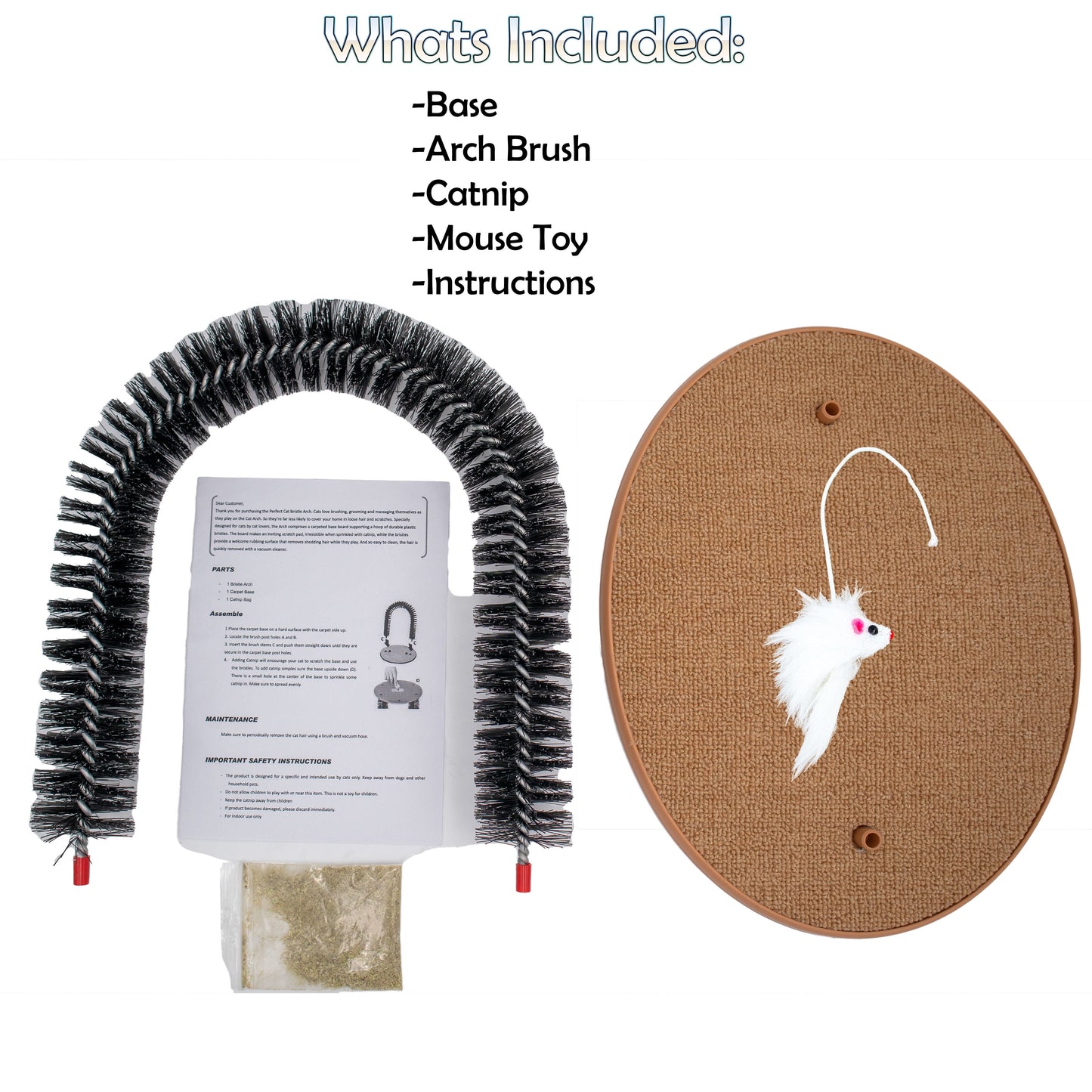 Perfect Cat Self Grooming Arch Toy & Post with Cat Mouse Toy, Bristles, Scratch Pad and Catnip - for Scratching, Brushing, and Massaging - Indoor Cats, Play, & Stress Relief