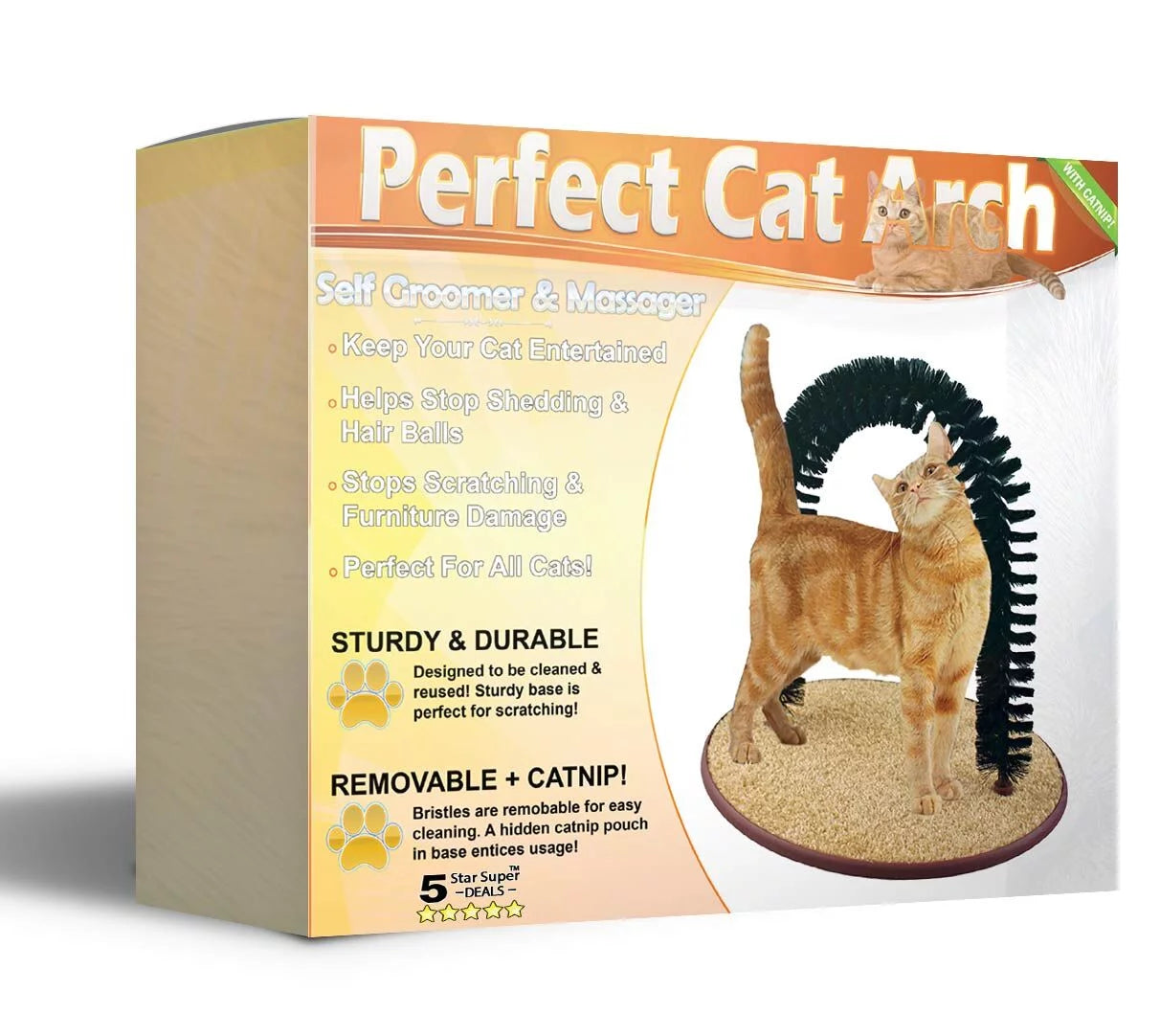 Perfect Cat Self Grooming Arch Toy & Post with Cat Mouse Toy, Bristles, Scratch Pad and Catnip - for Scratching, Brushing, and Massaging - Indoor Cats, Play, & Stress Relief
