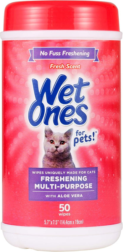 for Pets Freshening Multipurpose Wipes for Cats with Aloe Vera, Fresh Scent - Easy to Use Cat Cleaning Wipes for Pet Grooming in Canister, 50 Count