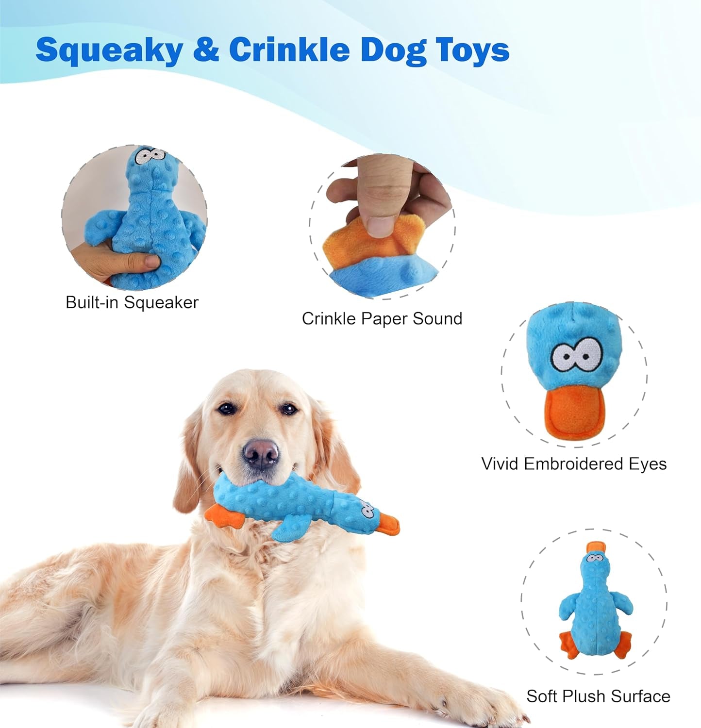 Dog Squeaky Toys, Durable Stuffed Crinkle Plush Dog Chew Toys for Puppy Teething, Interactive Dog Toys for Small, Medium and Large Dogs (Purple+Blue, Duck)